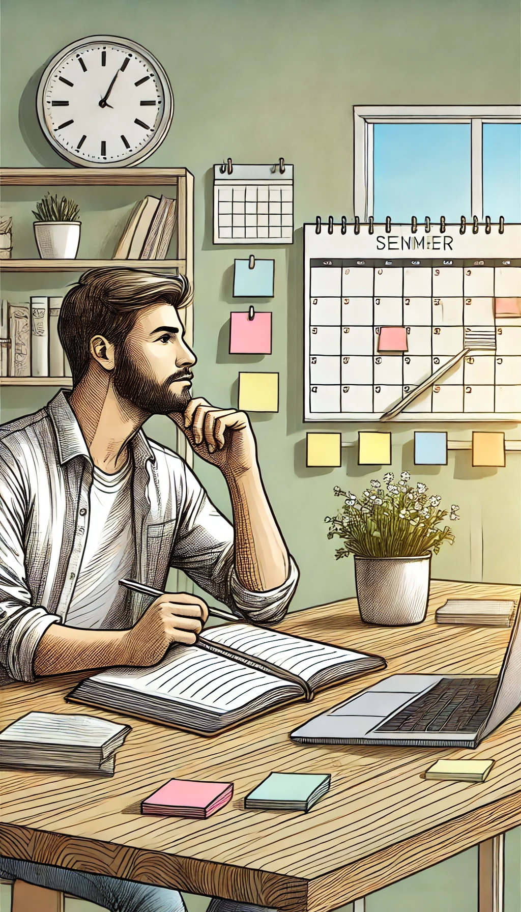 Illustration of a man planning his personal development at a desk